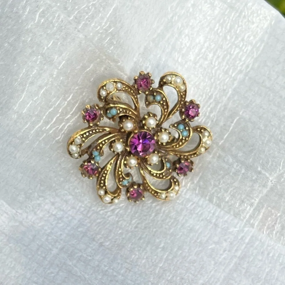 Vintage Purple Rhinestone Brooch Pin with Blue and Pearl Accents